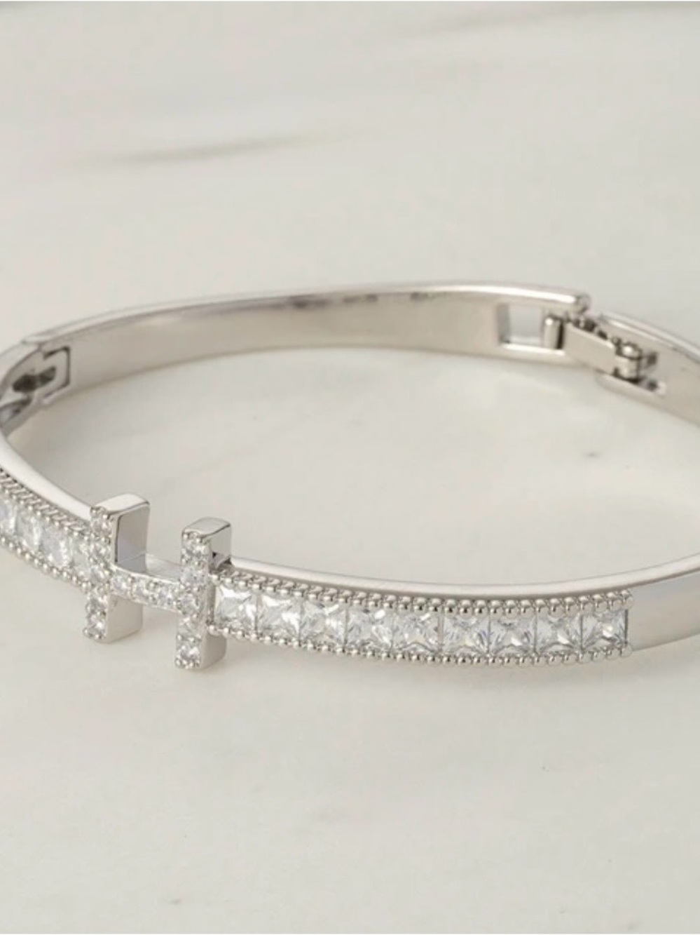 Silver Crystal Cross Pavé Bangle Bracelet - Women's Jewelry - Picture 2 of 3